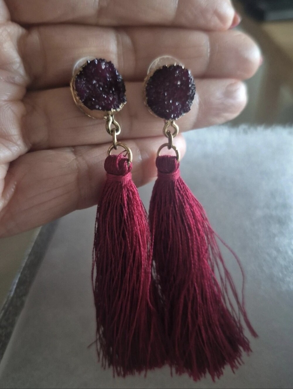 Burgundy Tassel Druzy Drop Earrings
